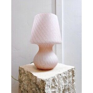 1980’s Italian Murano Frosted Pink & White Swirled Glass Mushroom Lamp 12.5”